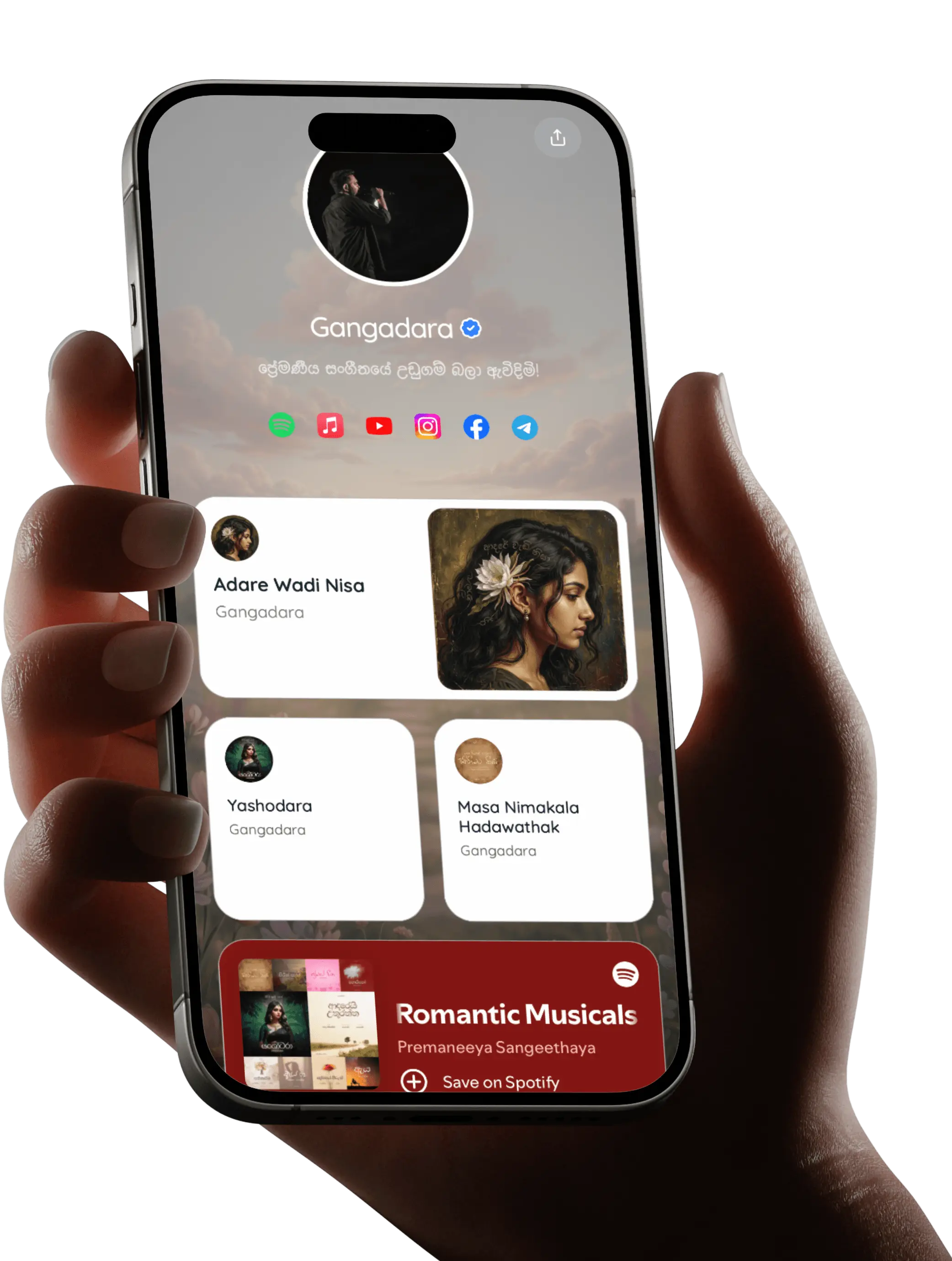 A hand holding a phone showing a Ceynk link-in-bio page
